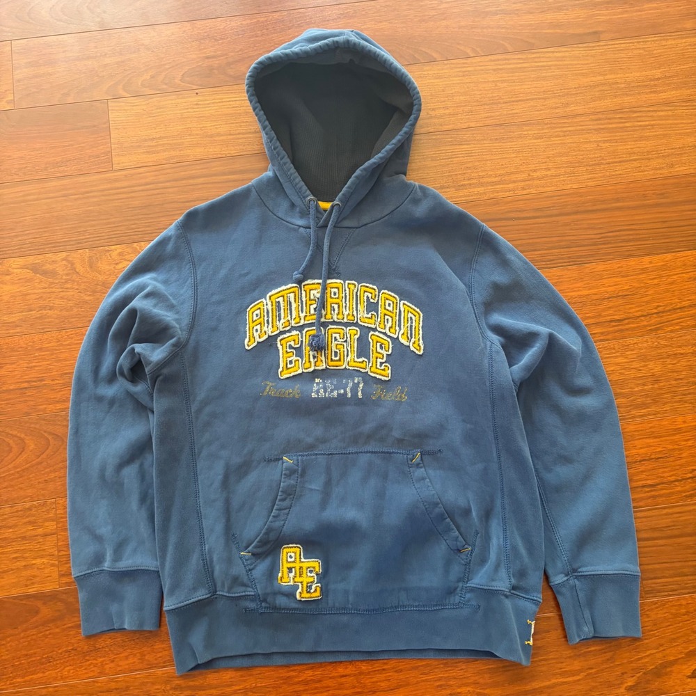 American Eagle Mens Large Blue Varsity Hoodie Track Field Collegiate Y2K Cotton